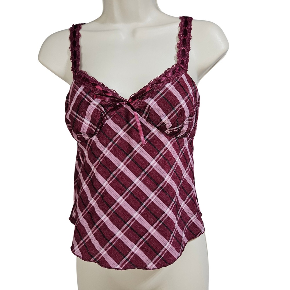 Y2K Burgundy Plaid Camisole XS Coquette Babydoll Top Grunge Indie Sleaze Retro